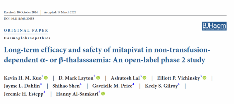 Long-term Efficacy and Safety of Mitapivat in Non-Transfusion-Dependent α- or β-thalassaemia - British Journal of Haematology