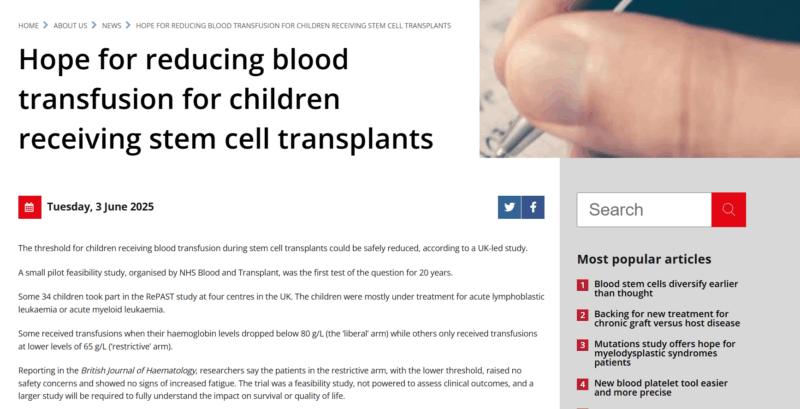 The Threshold for Children Receiving Blood Transfusion During Stem Cell Transplants Could Be Safely Reduced - BSH - Haematology