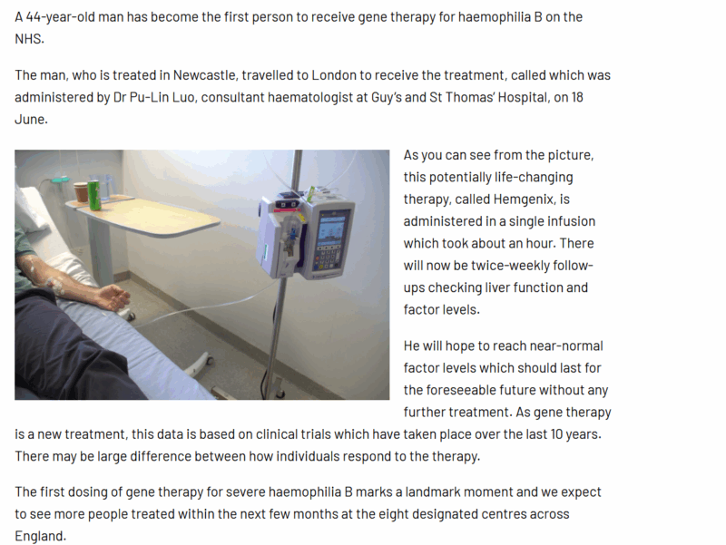 A 44-year-old Man Has Become the First Person to Receive Gene Therapy for Haemophilia B on the NHS - Haemophilia Society