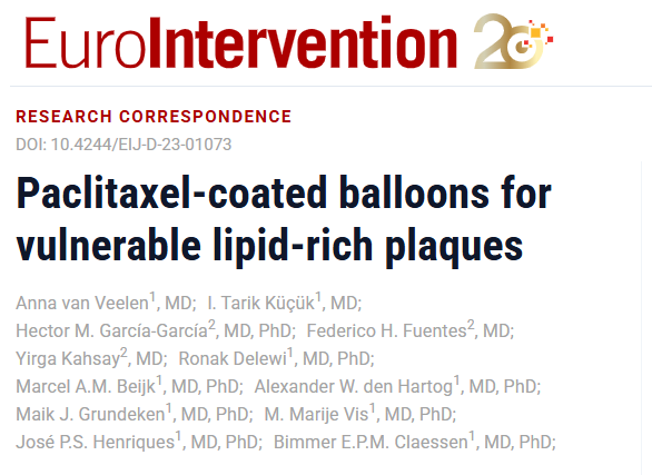 Study Explored the Use of Paclitaxel-Coated Balloons for Stabilizing Vulnerable Lipid-Rich Plaques in ACS Patients - EuroIntervention