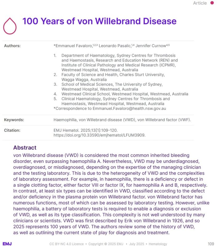 Emmanuel J Favaloro Highlights New Publication Marking 100 Years of von Willebrand Disease