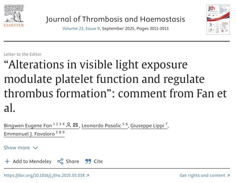 Commentary from Giuseppe Lippi and Colleagues on Light Exposure, Platelet Function and Thrombus Formation