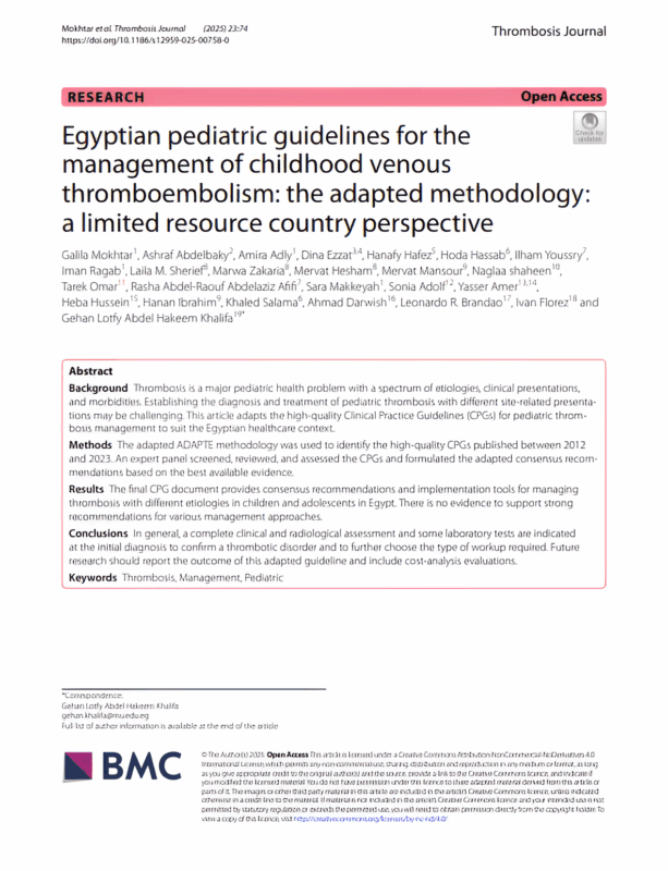Gehan Lotfy Khalifa and Colleagues Share a Egyptian Pediatric Guidelines for Childhood VTE