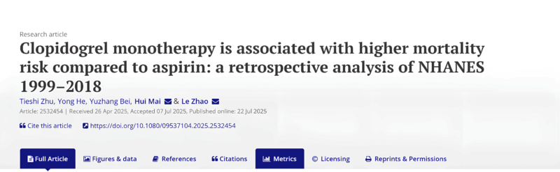 Tieshi Zhu: NHANES Study Reveals Significant Mortality Risk With Clopidogrel Monotherapy After PCI