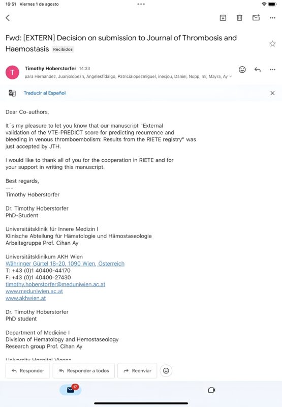 Manuel Monreal Congratulates Authors Ahead of JTH Publication: VTE-Predict Score Validated in RIETE Cohort