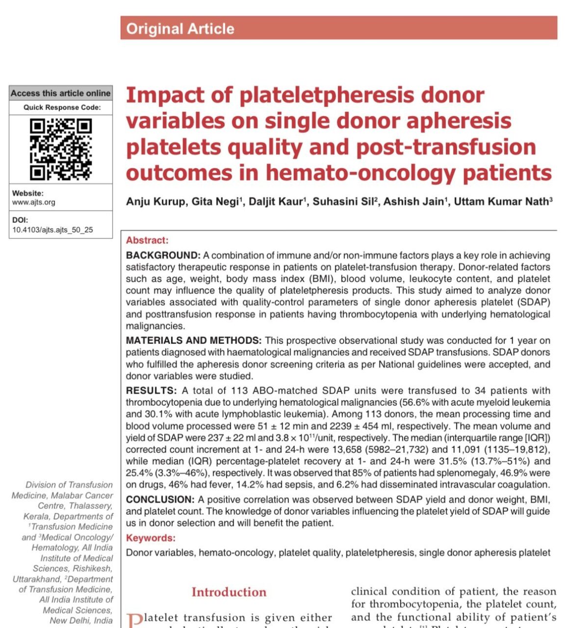 Dr. Suhasini Sil Highlights Impact of Donor Characteristics on Platelet Quality