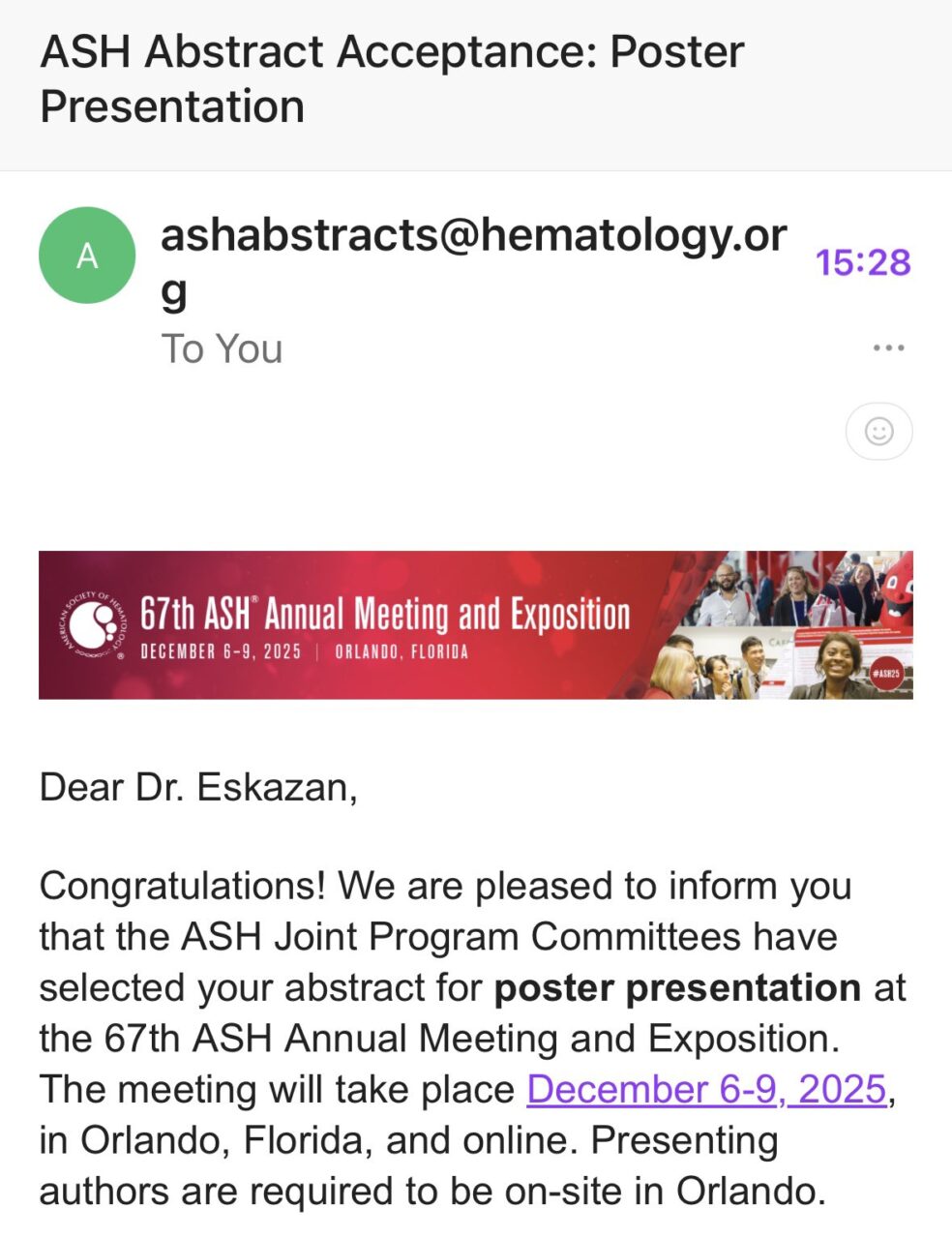 A. Emre Eşkazan's Abstract Was Selected For the Upcoming ASH Annual Meeting