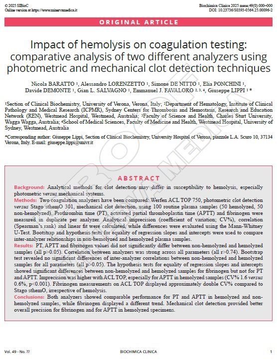 Giuseppe Lippi and Colleagues on the Impact of Hemolysis on Coagulation Testing