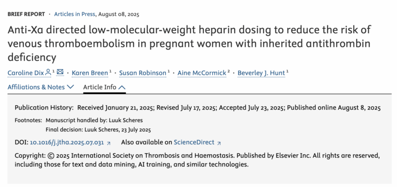 Caroline Dixon and Colleagues on LMWH Dosing to Reduce The Risk of VTE in Pregnant Women With Inherited ATD