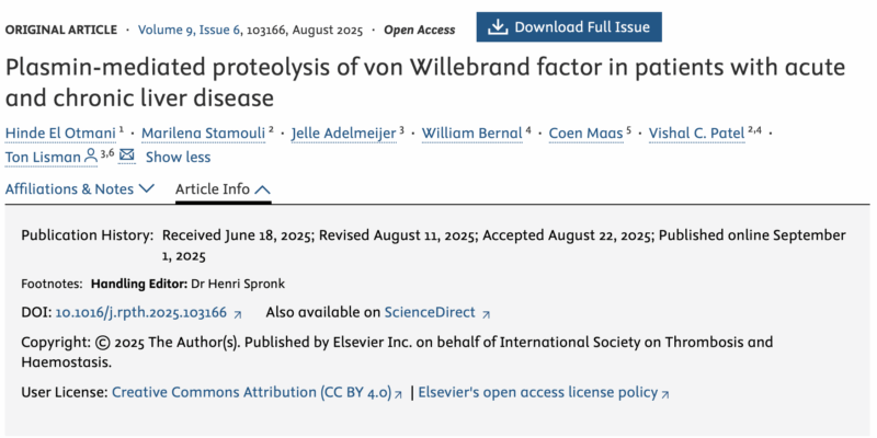 Hinde El Otmani's Team Explores Plasmin-Mediated Proteolysis of von Willebrand Factor in Acutely Ill Patients