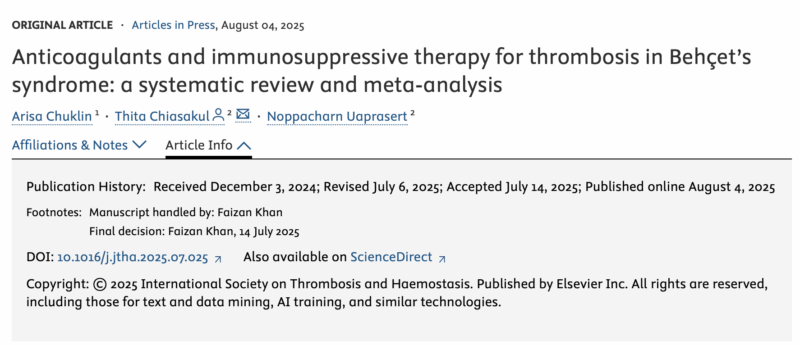 Arisa Chuklin, Thita Joy Chiasakul, and Noppacharn Uaprasert on Management of Thrombosis in Behçet’s Syndrome