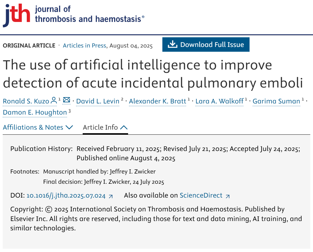 The Use of Artificial Intelligence to Improve Detection of Acute Incidental Pulmonary Emboli - JTH 1 The Use of Artificial Intelligence to Improve Detection of Acute Incidental Pulmonary Emboli - JTH