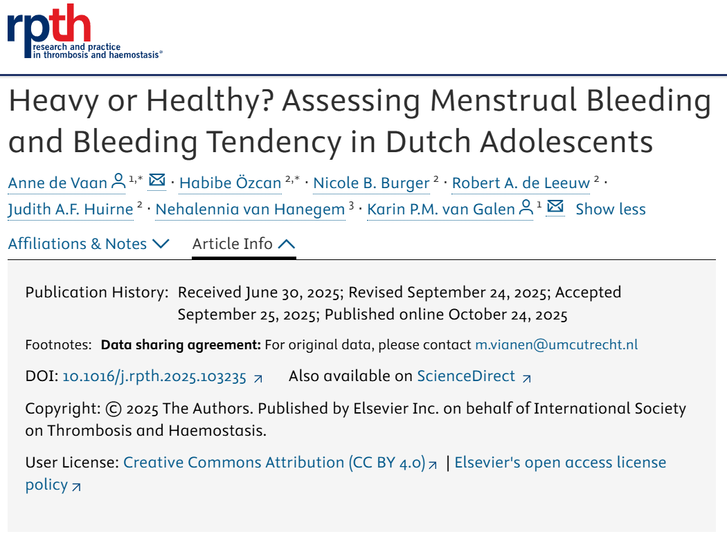 Flora Peyvandi Shared an Article About Menstrual Bleeding and Bleeding Tendency in Dutch Adolescents