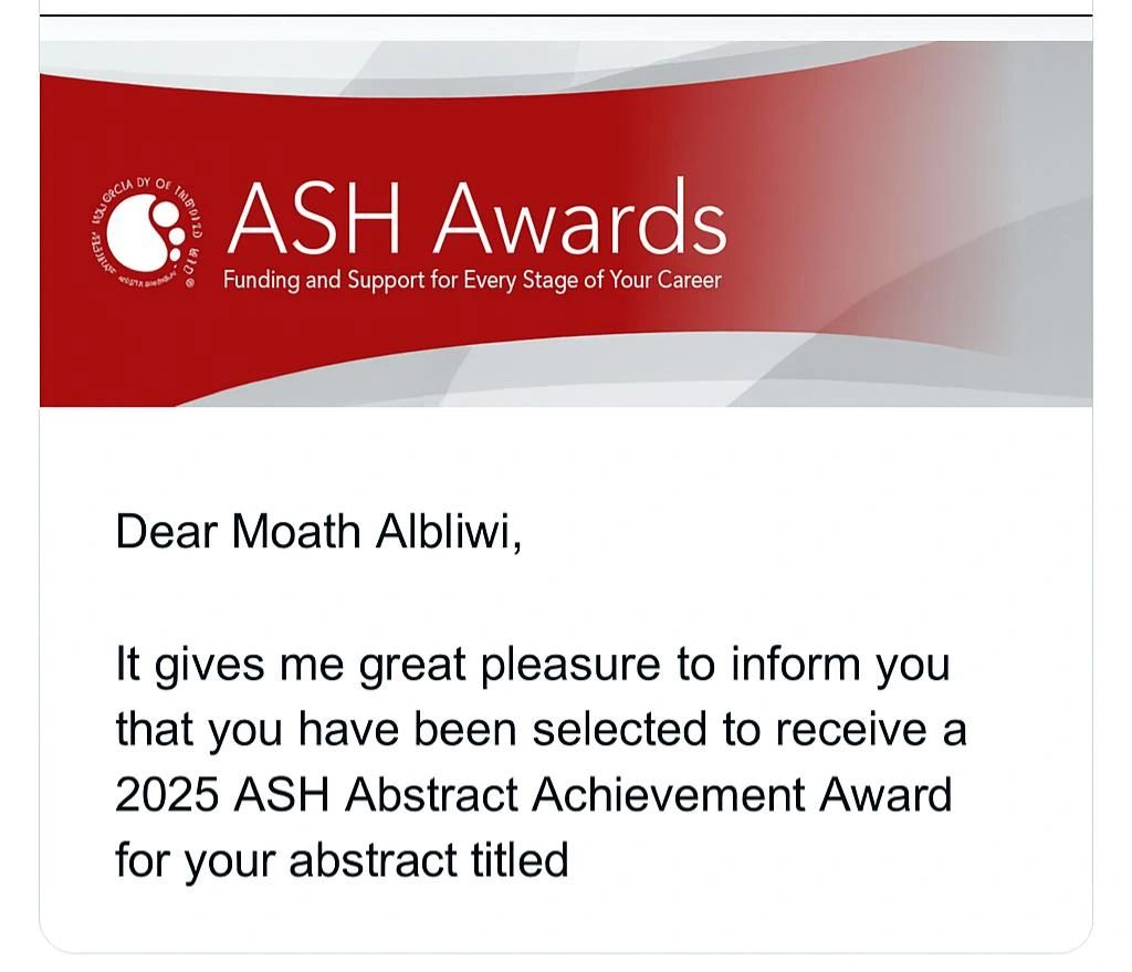 Moath Ahmad Albliwi Recieved 2025 ASH Abstract Achievement Award!
