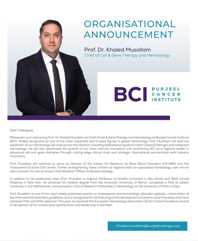 Khaled Musallam Takes on The Role as Chief of Cell/Gene Therapies and Hematology at Burjeel Cancer Institute