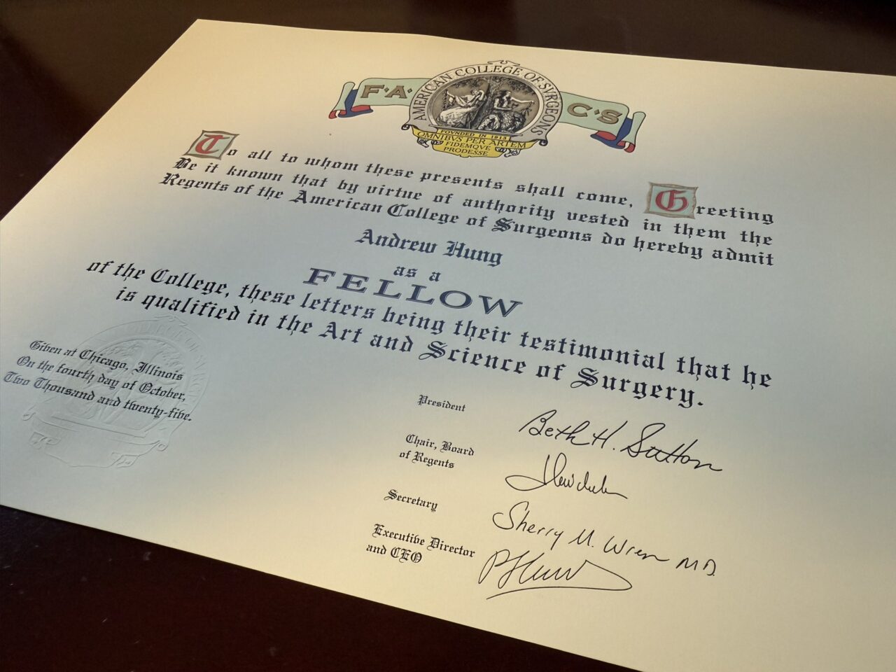 Dr. Andrew J. Hung Awarded Prestigious Fellowship from the American College of Surgeons