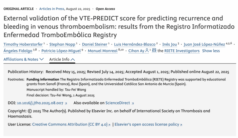 Cihan Ay and RIETE Investigators Team Present External Validation of the VTE-PREDICT Score 1 Cihan Ay and RIETE Investigators Team Present External Validation of the VTE-PREDICT Score