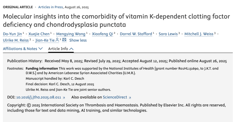 Jian-Ke Tie's Team on Comorbidity of VitK-dependent Clotting Factors Deficiency and Chondrodysplasia Punctata 1 Jian-Ke Tie's Team on Comorbidity of VitK-dependent Clotting Factors Deficiency and Chondrodysplasia Punctata