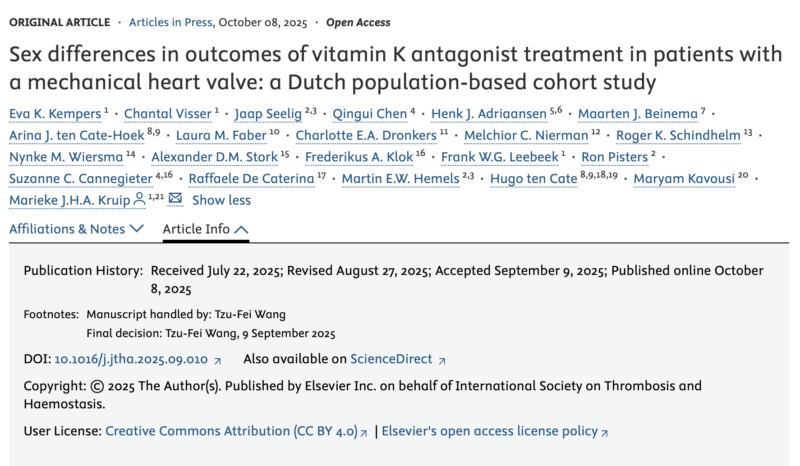 Marieke Kruip on Sex differences in Outcomes of VKA Treatment in Patients with Mechanical Heart Valve