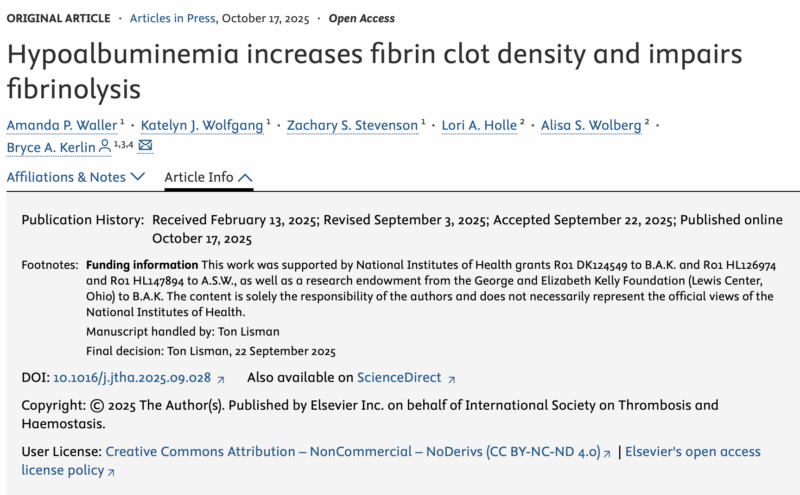 Bryce A Kerlin's Team Demonstrated Albumin Regulation of Fibrin Clot Density and Fibrinolysis