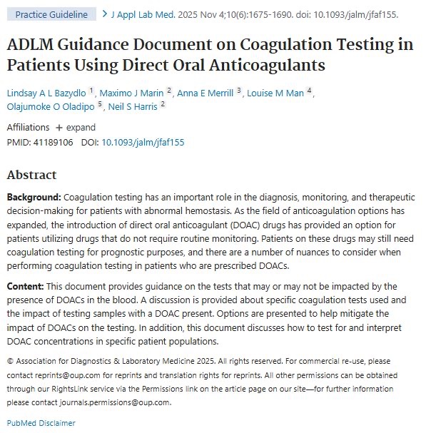 Edward C.C. Wong Shares a New ADLM Guidance on Coagulation Testing in the Context of DOACs Use 1 Edward C.C. Wong Shares a New ADLM Guidance on Coagulation Testing in the Context of DOACs Use