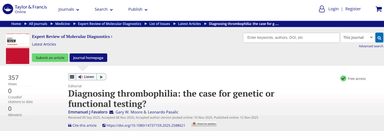 Emmanuel J Favaloro: One of The Main Molecular (Genetic) Tests Used to Diagnose Thrombophilia