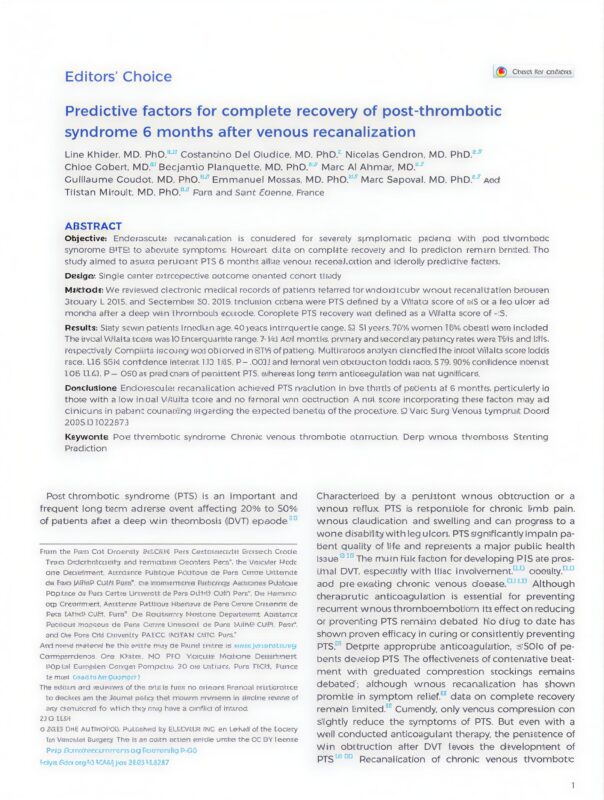Jan Sloves: 7 Key Insights That Predict Recovery After Venous Recanalization 1 Venous Recanalization