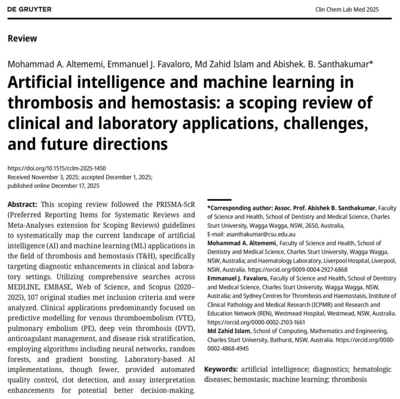 Emmanuel J Favaloro Shares A Study on AI and Machine Learning in Thrombosis and Hemostasis