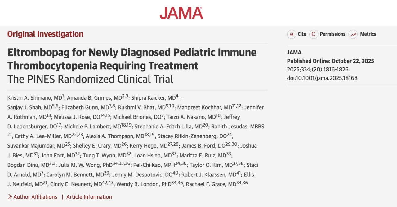 Laurent Pierre Burnier Shares the PINES Randomized Clinical Trial: Eltrombopag for Newly Diagnosed Pediatric ITP 1 Laurent Pierre Burnier Shares the PINES Randomized Clinical Trial: Eltrombopag for Newly Diagnosed Pediatric ITP