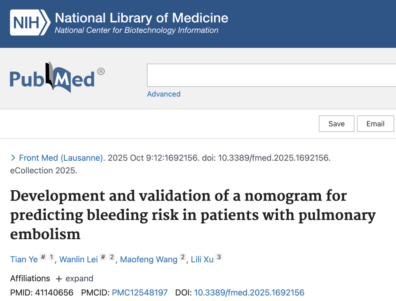 Francisco Epelde: Development and Validation of a Nomogram for Predicting Bleeding Risk in Patients with PE