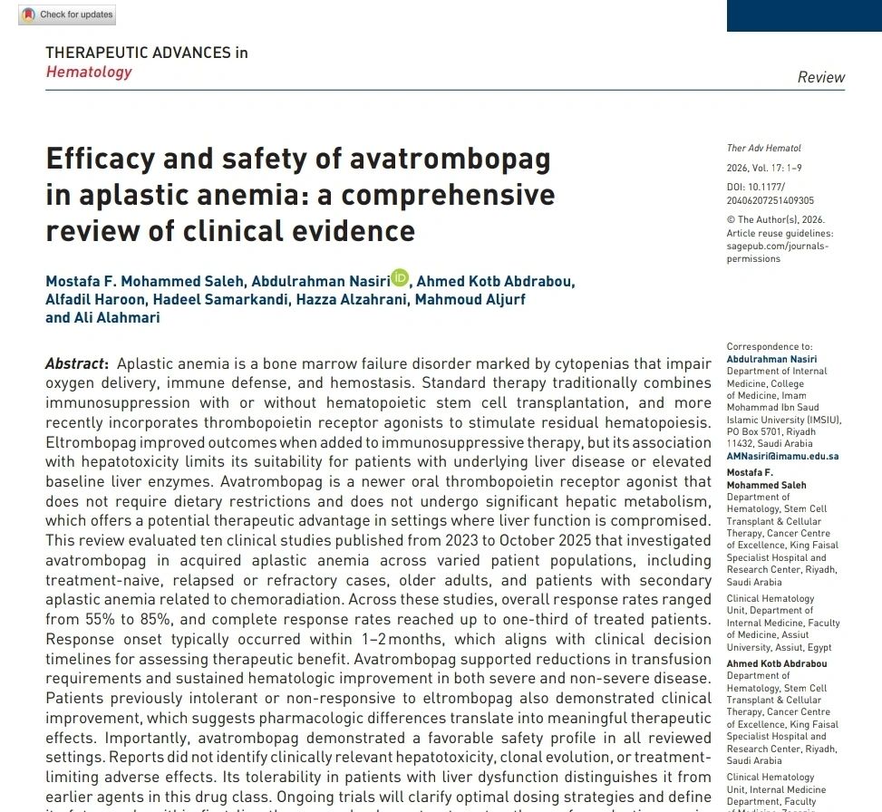 Mostafa Faisal Mohammed: Avatrombopag in Aplastic Anemia