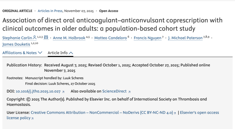 Stephanie Carlin and Colleagues on Clinical Outcomes of DOAC-Anticonvulsant Coprescription
