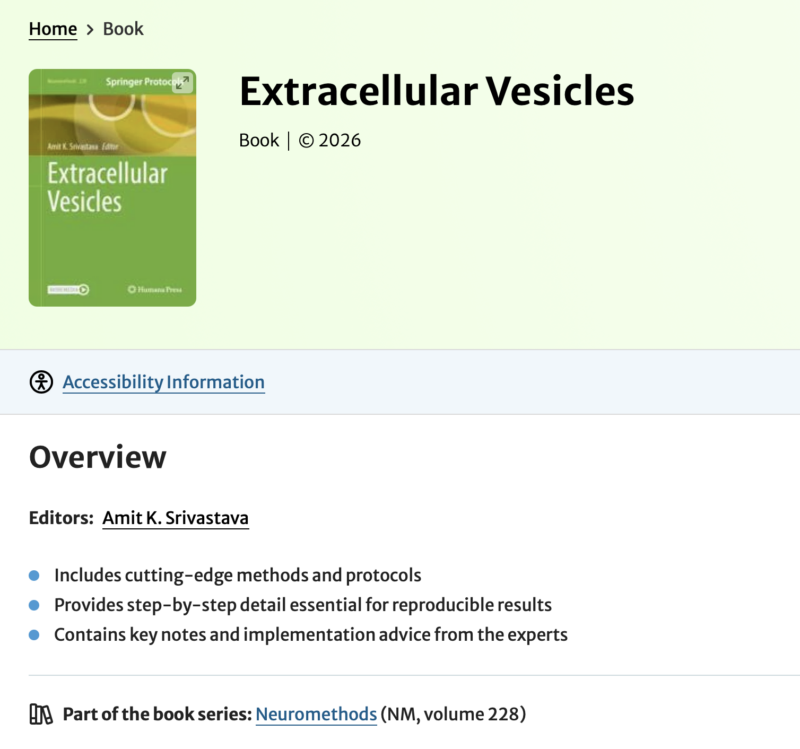 Amit Srivastava Edits The New Springer Protocols Volume on Extracellular Vesicles