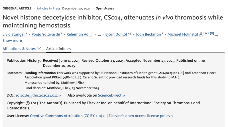Livia Stanger and Colleagues Link CS014 to in Vivo Thrombosis 1 Livia Stanger and Colleagues Link CS014 to in Vivo Thrombosis