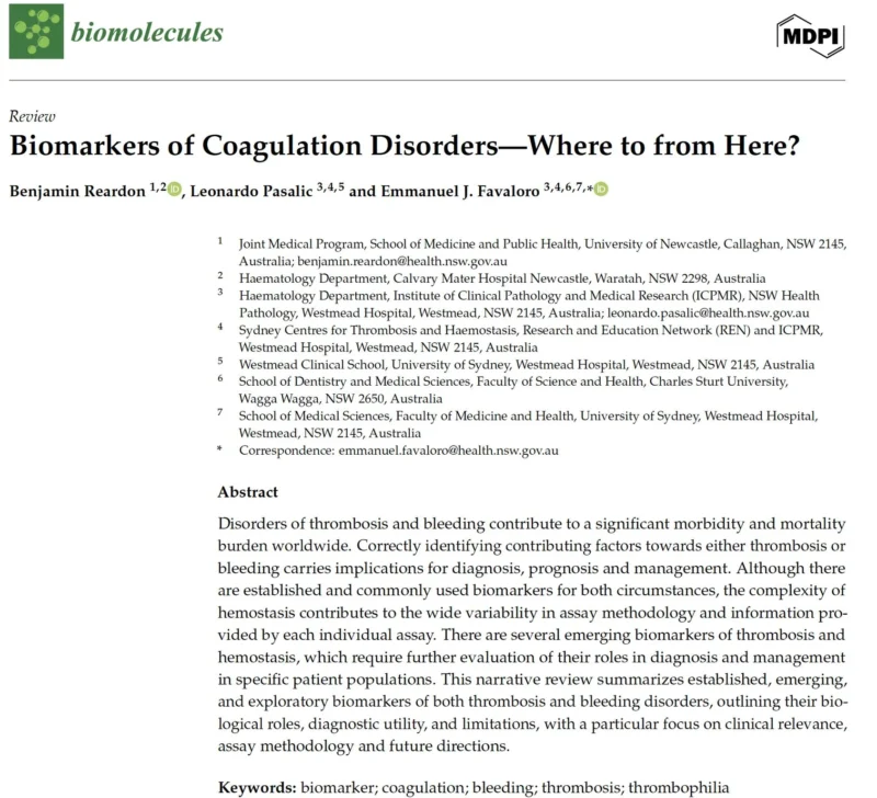 Emmanuel J Favaloro: New Study on Biomarkers for Coagulation Disorders