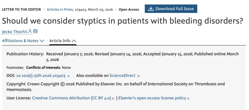 Jecko Thachil: Can We Use Styptics as Topical Haemostats in Bleeding Disorders
