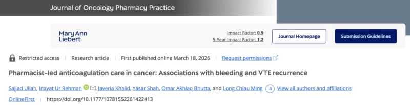 Sajjad Ullah Mphil: The Impact of Pharmacist-Led Anticoagulation Care in VTE 1 Sajjad Ullah Mphil: The Impact of Pharmacist-Led Anticoagulation Care in VTE