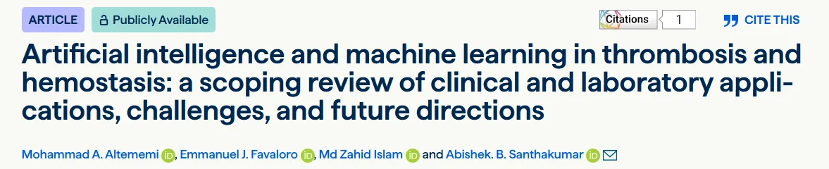 Emmanuel J Favaloro: New Publication on Artificial Intelligence in Thrombosis and Hemostasis in CCLM 1 Emmanuel J Favaloro: New Publication on Artificial Intelligence in Thrombosis and Hemostasis in CCLM