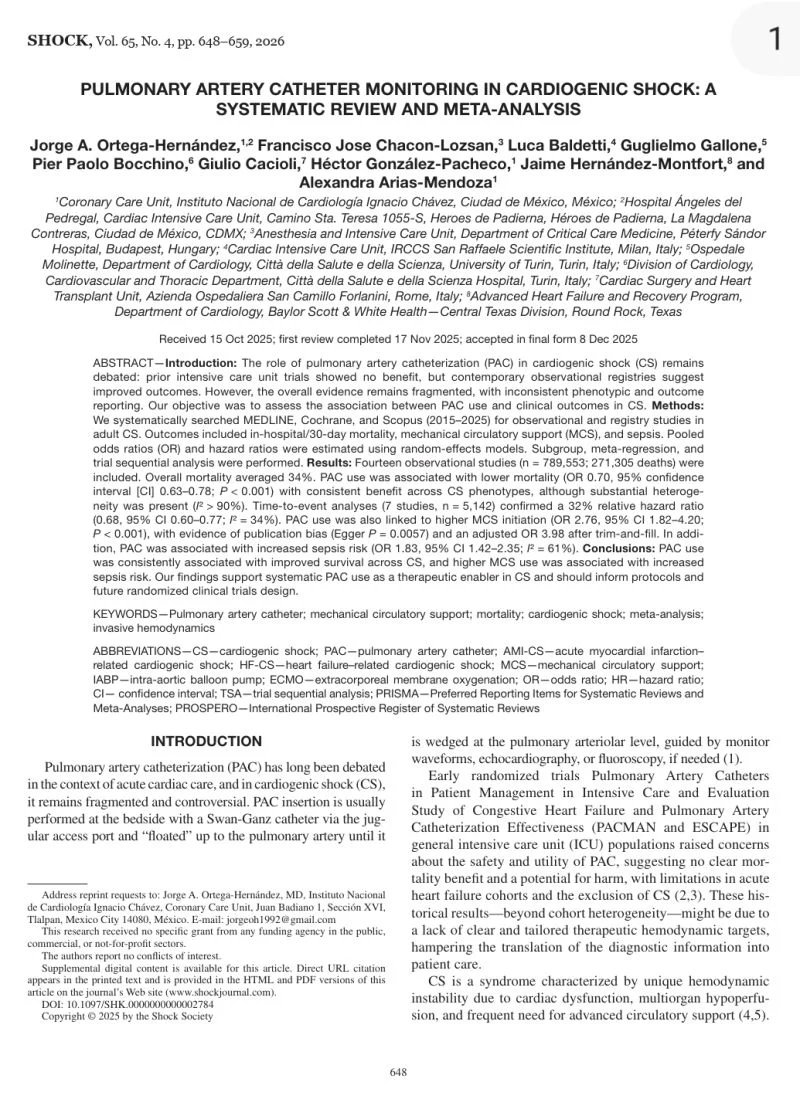 Francisco Chacón-Lozsán: Pulmonary Artery Catheter in Cardiogenic Shock From Obsolete Device to Modern Decision Tool
