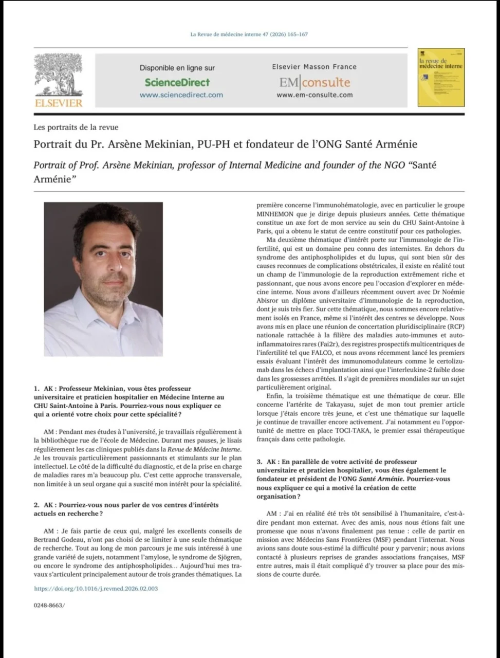 Arsene Mekinian Featured in the Journal of Internal Medicine - Santé Arménie