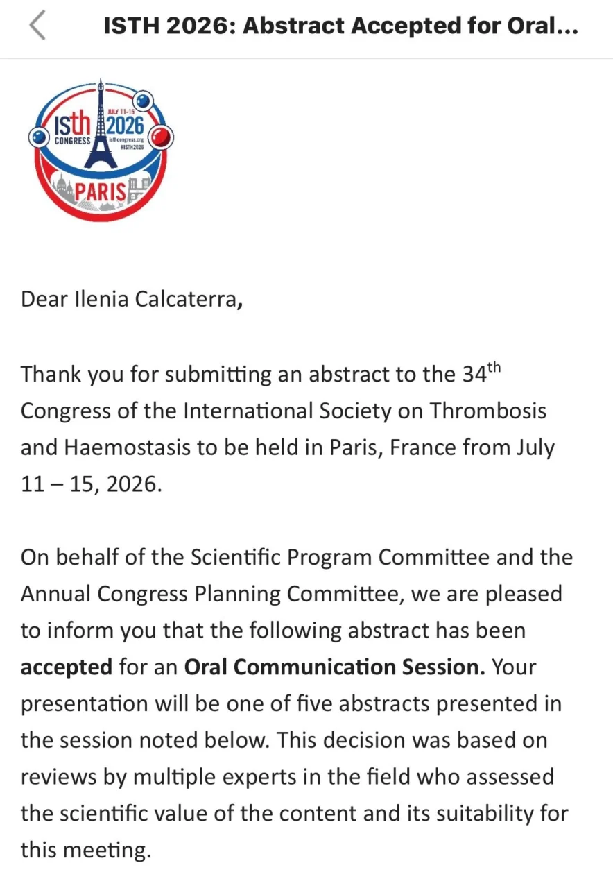 Ilenia Calcaterra: Study on Platelet TF–TFPI Imbalance in Hemophilia A Accepted at ISTH 2026