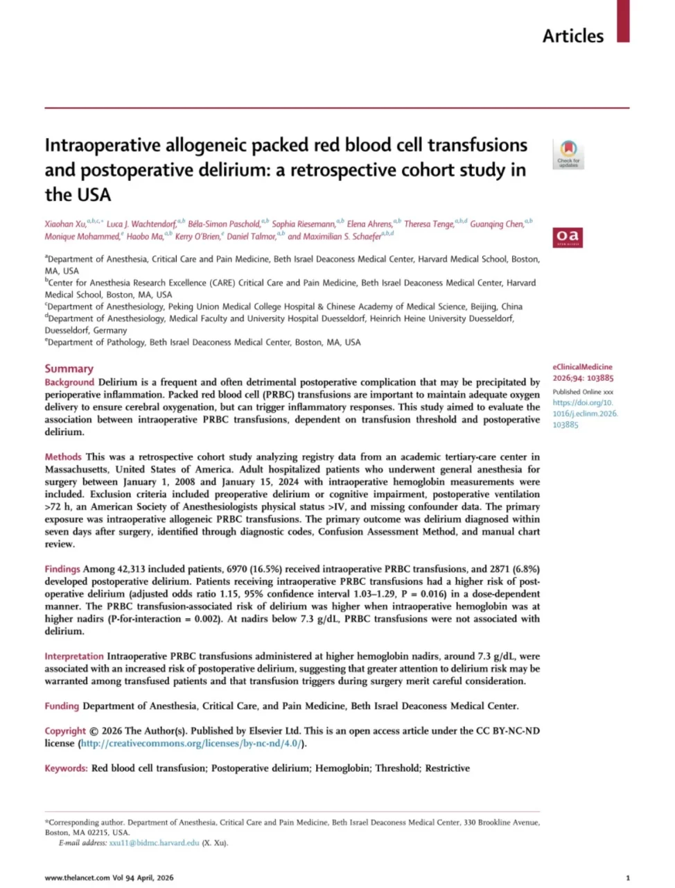 Ana Pedrero Gil: How Are Intraoperative PRBC Transfusions Associated with Postoperative Delirium in Adults