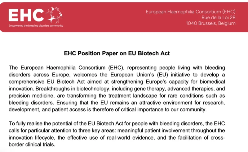A Call to Get the Biotech Act Right for The Millions Living with Bleeding Disorders - EHC 1 A Call to Get the Biotech Act Right for The Millions Living with Bleeding Disorders - EHC