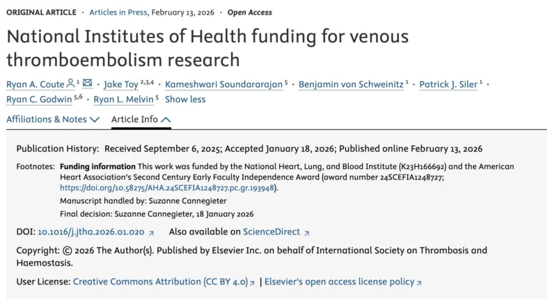 National Institutes of Health Addresses VTE Research Funding Gap - JTH