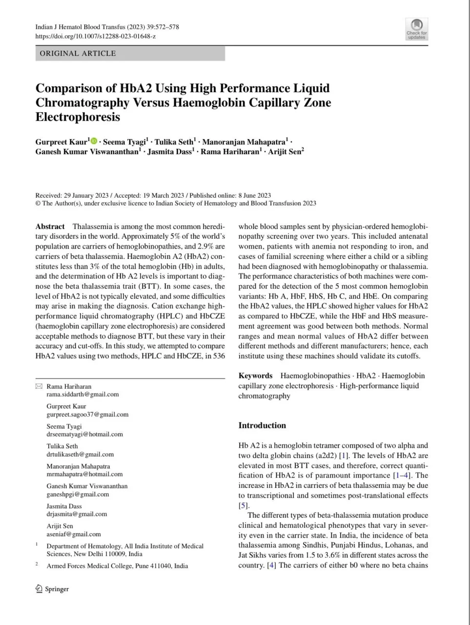 Gurpreet Kaur Sagoo: HPLC vs HbCZE in Comparison of HbA2 1 Gurpreet Kaur Sagoo