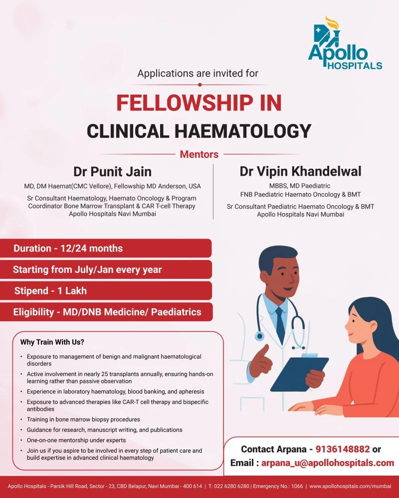 Applications are Now Open for the Fellowship in Clinical Haematology - Apollo Hospitals Navi Mumbai 1 Apollo Hospitals Navi Mumbai