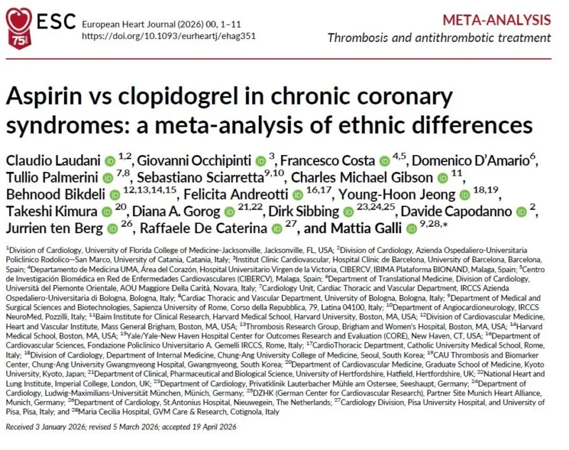 Claudio Laudani: A Striking Geographic Heterogeneity in Aspirin and Clopidogrel Comparison for MACE Prevention