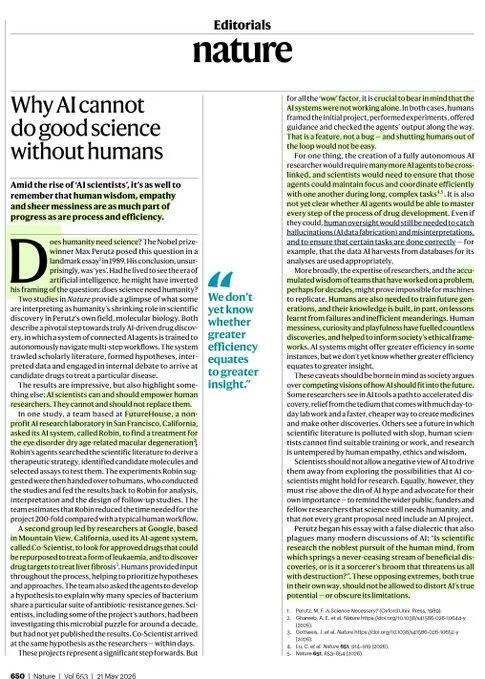 Eric Topol: New Nature Editorial on the Limits and Promise of AI Scientists
