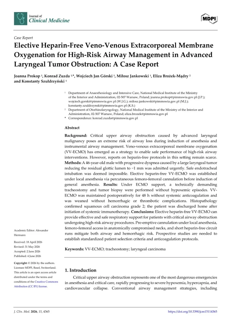 Konrad Zuzda: A Challenging Case of Heparin-Free VV-ECMO for High-Risk Airway Management 1 Konrad Zuzda