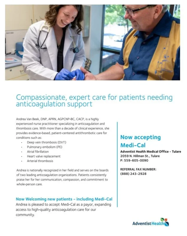 Andrea Van Beek: Anticoagulation and Thrombosis Services Now Available to Medi-Cal Patients in Tulare 1 Andrea Van Beek: Anticoagulation and Thrombosis Services Now Available to Medi-Cal Patients in Tulare
